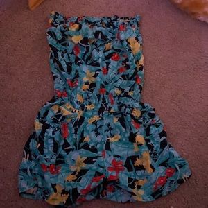A multicolored strapless romper